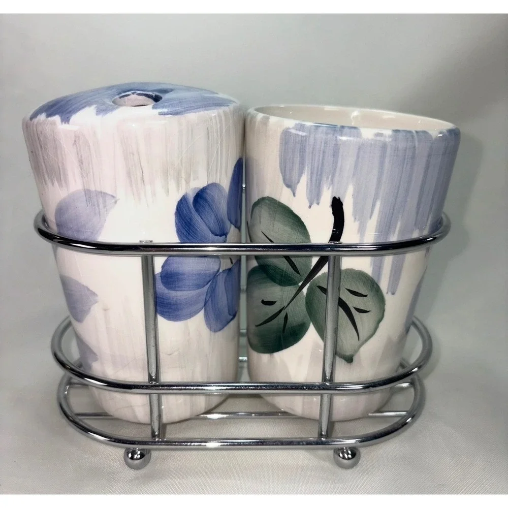 Catalina Hand Painted Floral Ceramic Toothbrush Holder Tumbler Set &  Caddy